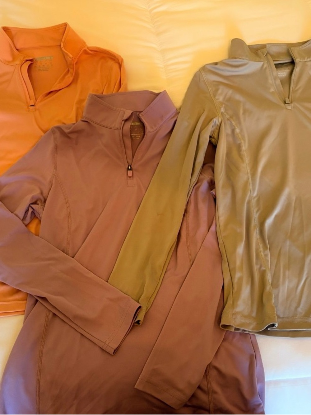 Three Quarter-Zip Long-Sleeve Tops — Orange, Mauve, Olive